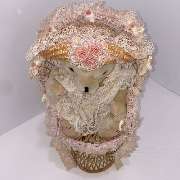Vintage Victorian Style Teddy Bear in Lace Outfit Sitting In Wicker Chair - Picture 6 of 9
